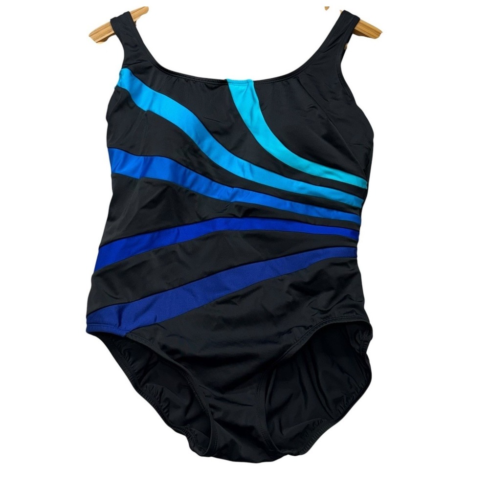 Longitude Womens Swimsuit 10 Black Blue One Piece Sunburst Modest Swim Slimming